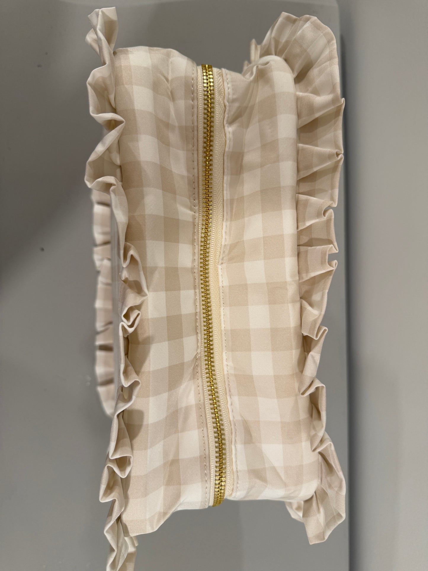 Gingham Ruffle Pouch Cosmetic Bag - Beige, Extra Large