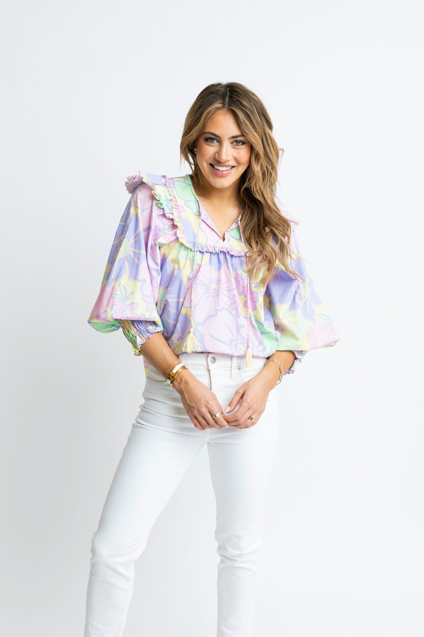 Karlie Pastel Large Floral Poplin Vneck Ruffle Top