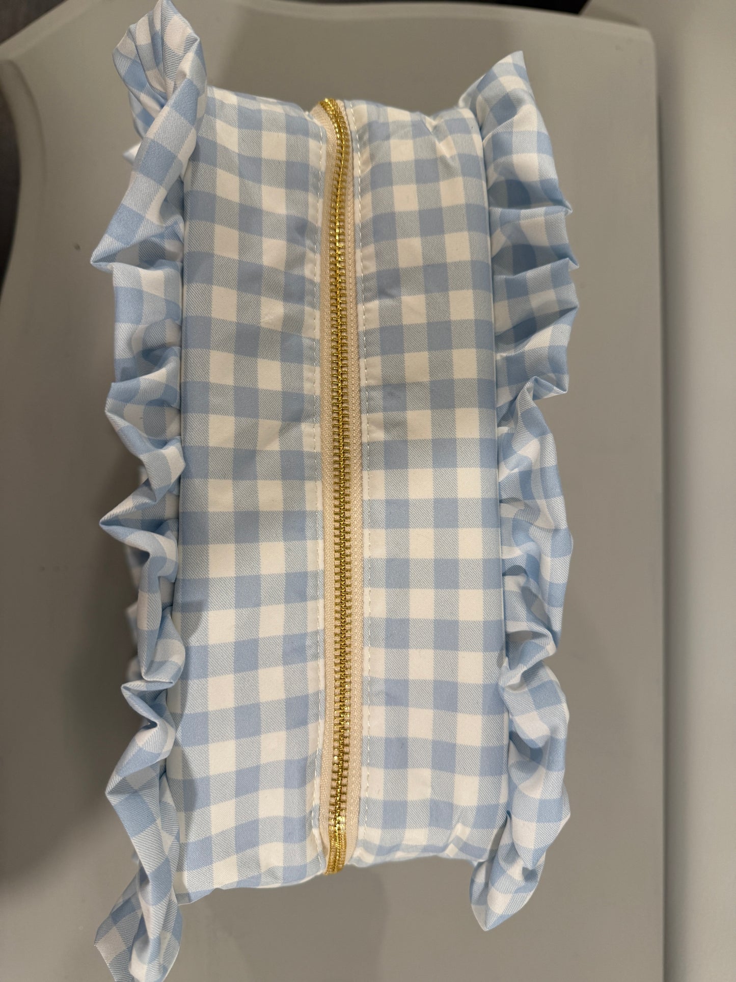 Gingham Ruffle Pouch Cosmetic Bag - Blue, Extra Large