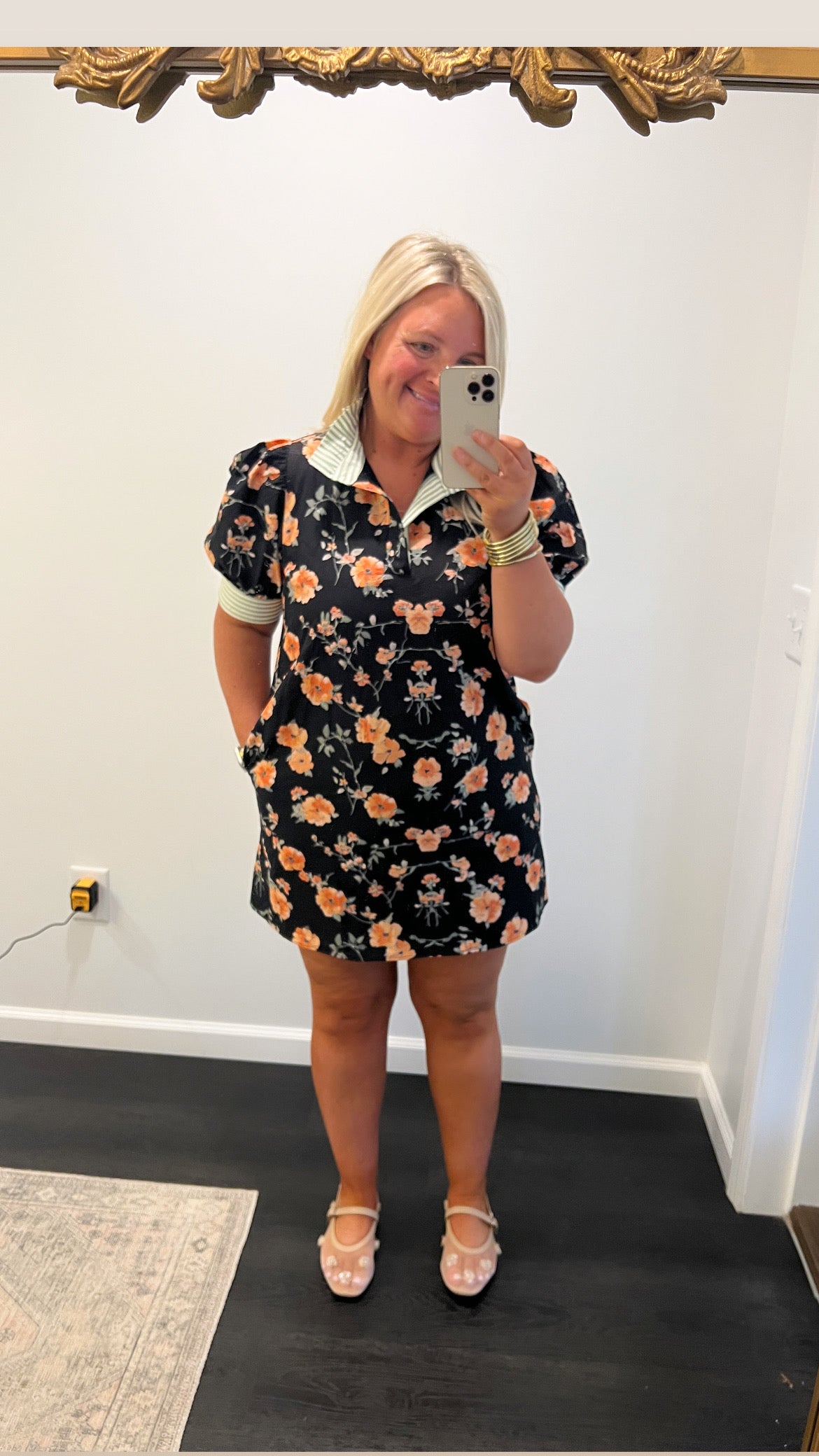 Garden Floral Ruffle Collared Mini Dress - Black