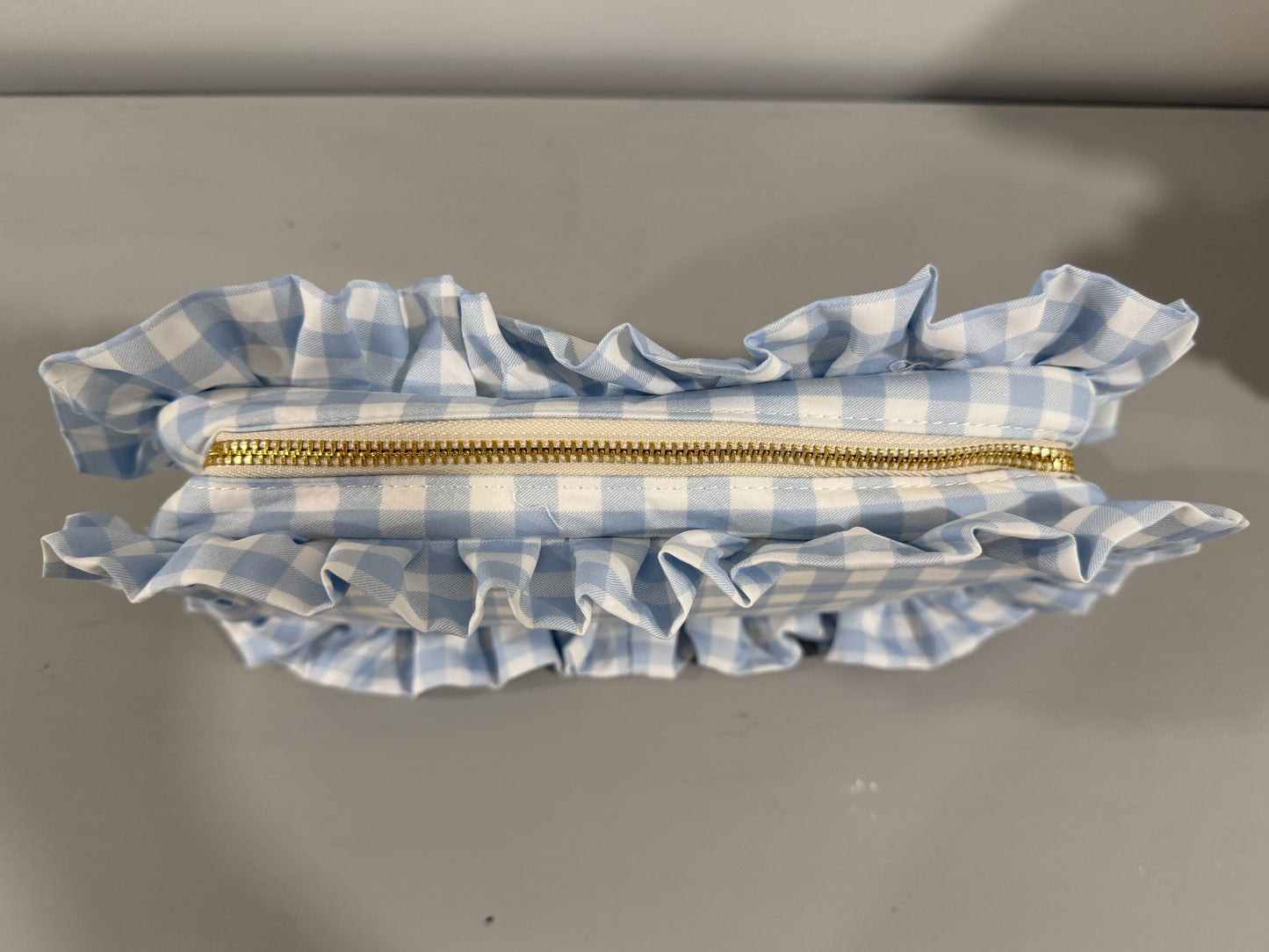 Gingham Ruffle Pouch Cosmetic Bag - Blue, Medium
