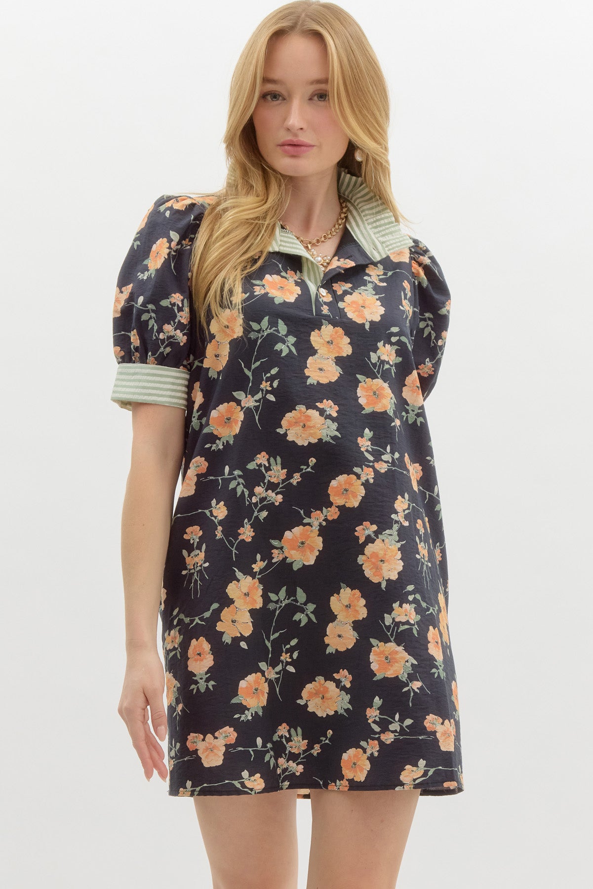 Garden Floral Ruffle Collared Mini Dress - Black
