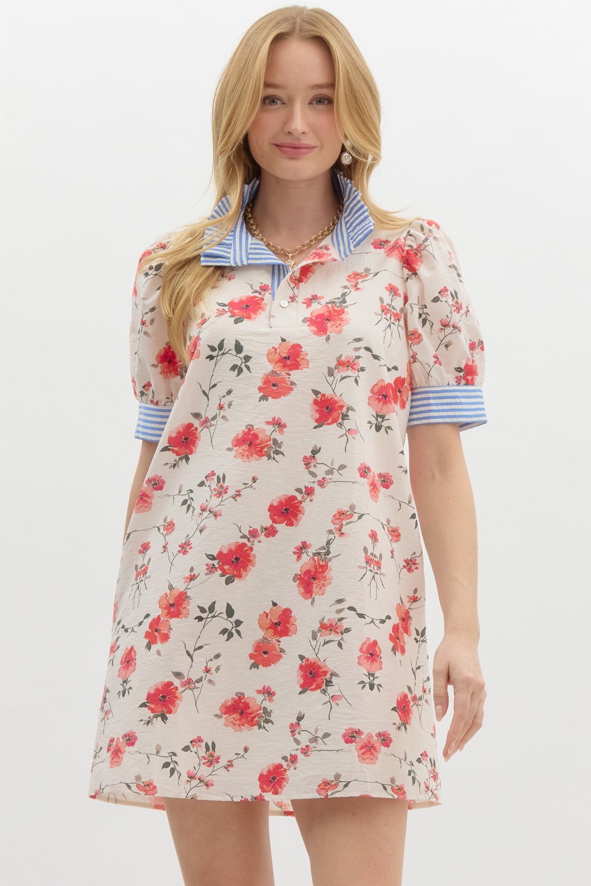 Garden Floral Ruffle Collared Mini Dress - Coral
