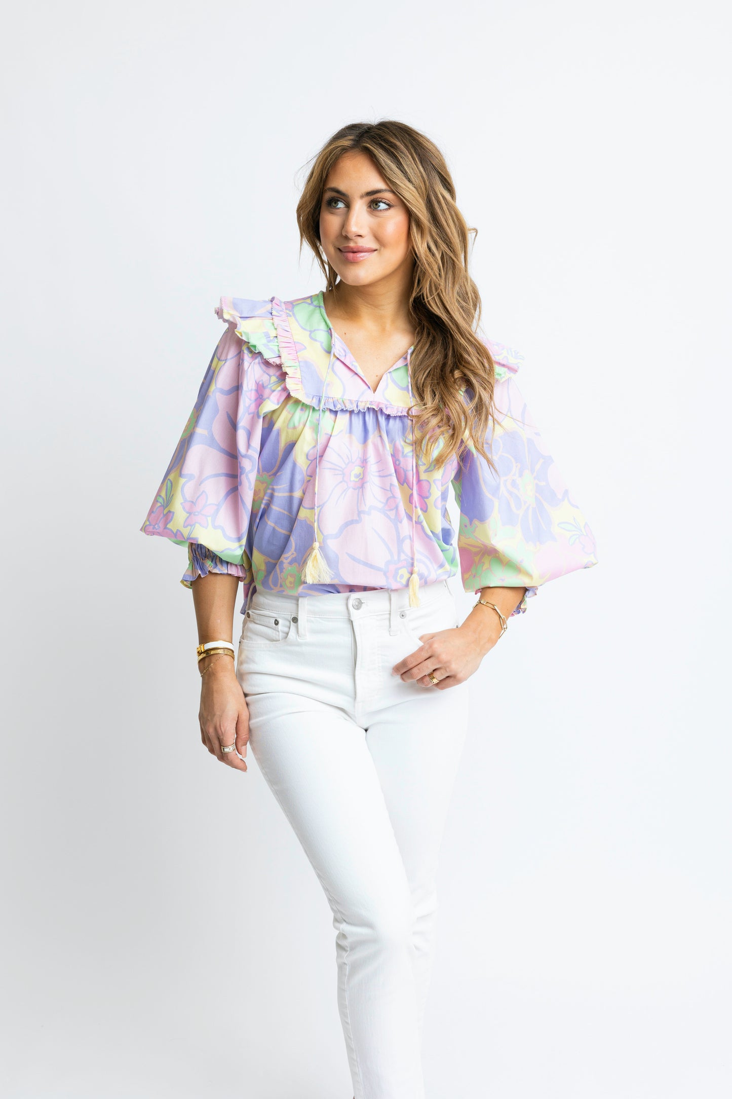 Karlie Pastel Large Floral Poplin Vneck Ruffle Top