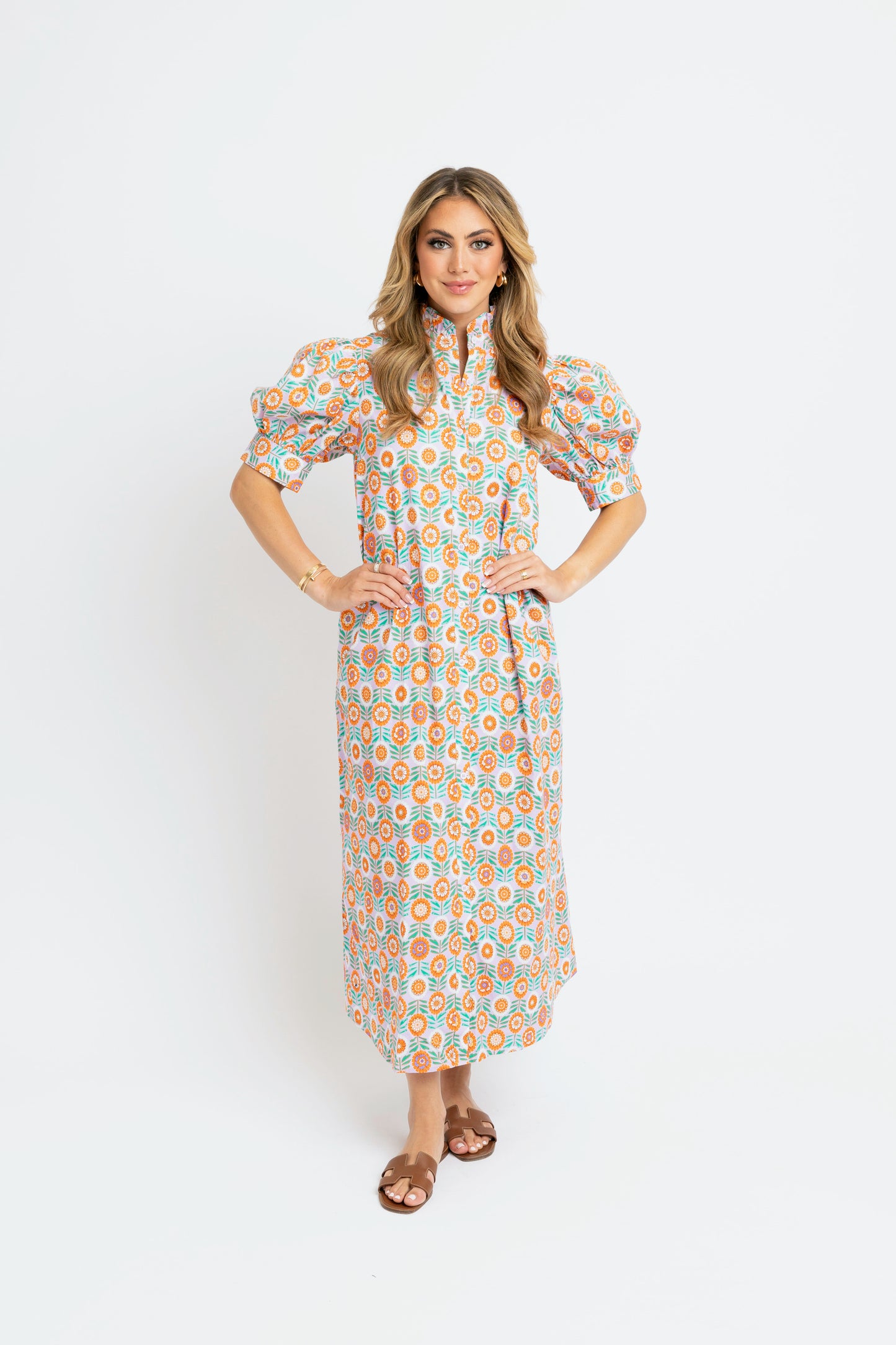 Floral Ruffle Neck Button Shirt Maxi Dress by Karlie