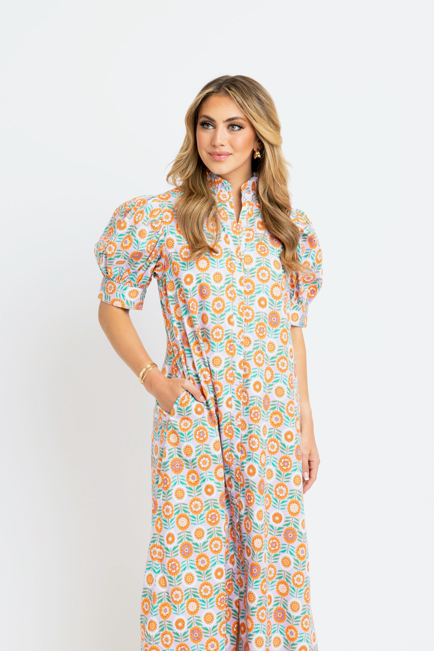Floral Ruffle Neck Button Shirt Maxi Dress by Karlie