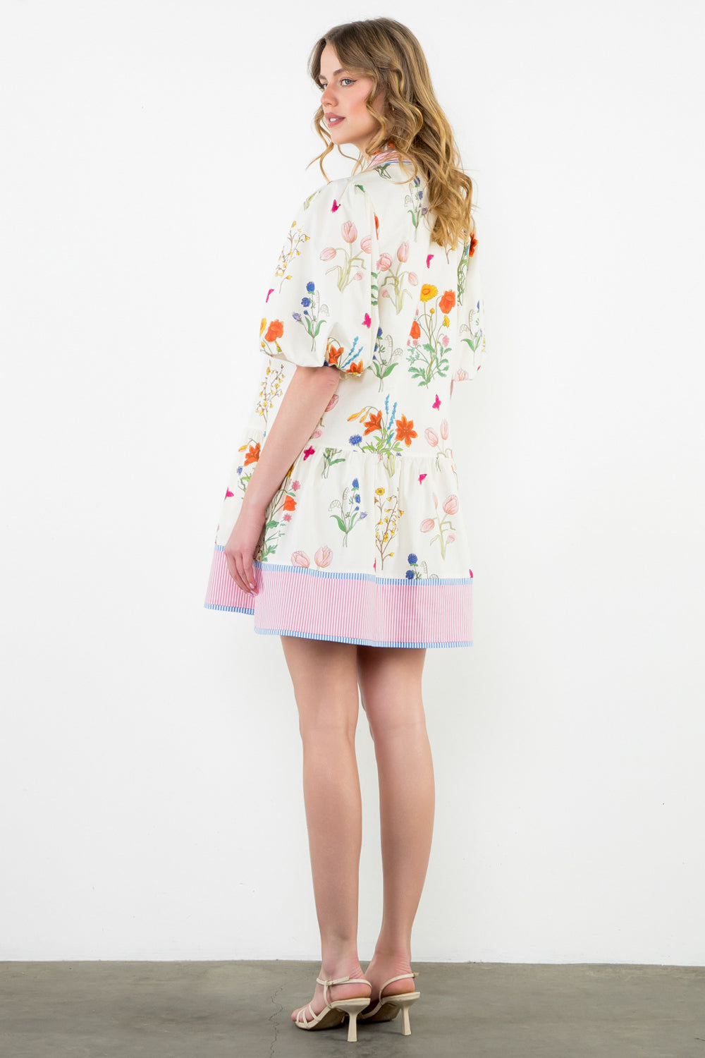THML Puff Sleeve Floral Stripe Dress