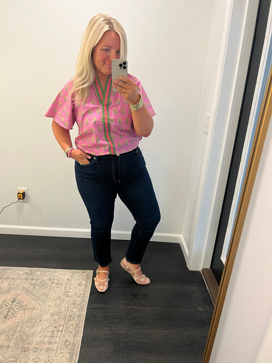 Pink Floral Print Top with Stripe Detail