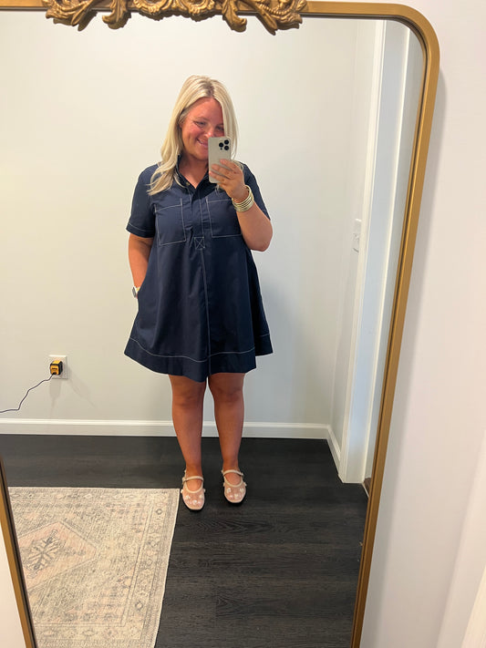 Elevated Button-Collar Mini Dress in Navy