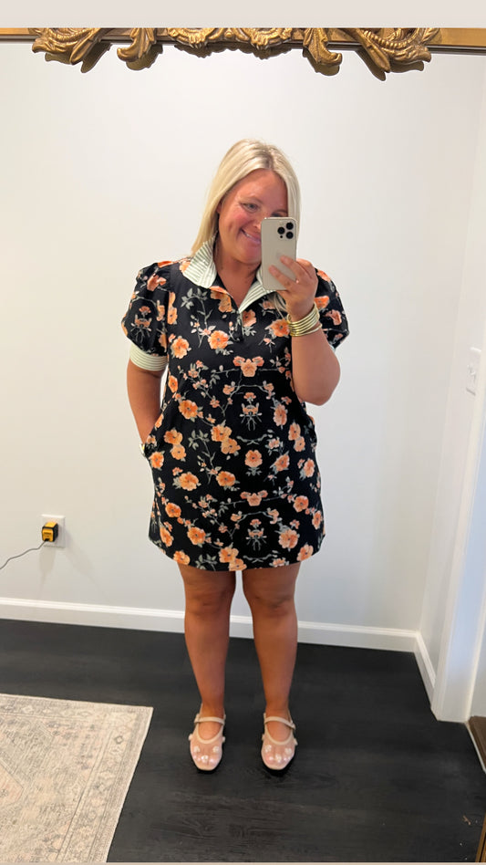 Garden Floral Ruffle Collared Mini Dress - Black