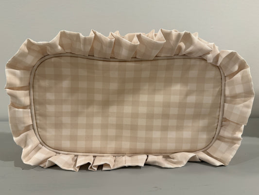 Gingham Ruffle Pouch Cosmetic Bag - Beige, Medium