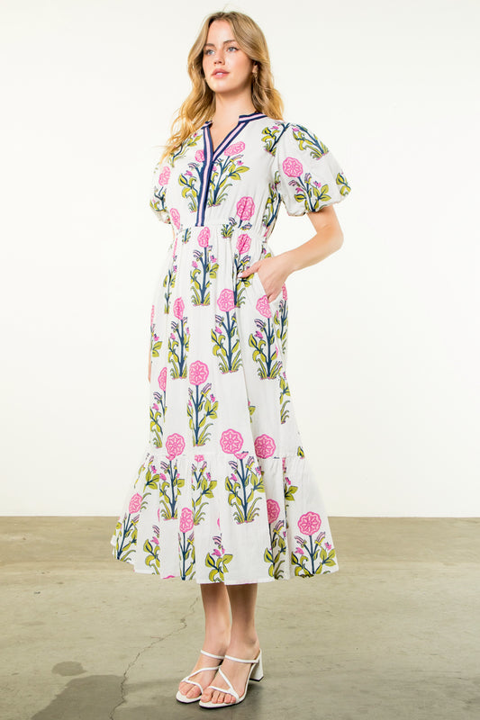 THML Puff Sleeve Flower Print Maxi Dress