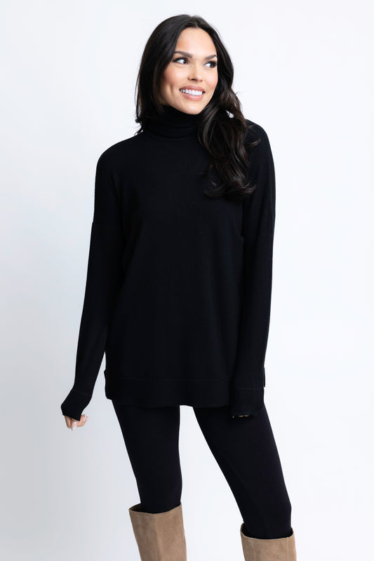 Solid Turtleneck Sweater Tunic Top - Black