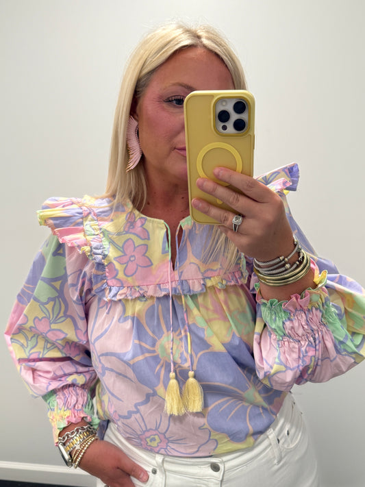Karlie Pastel Large Floral Poplin Vneck Ruffle Top