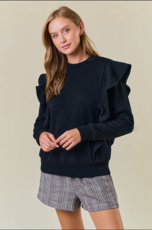 Round Neck Ruffled Long Sleeve Fleeced Sweatshirt
