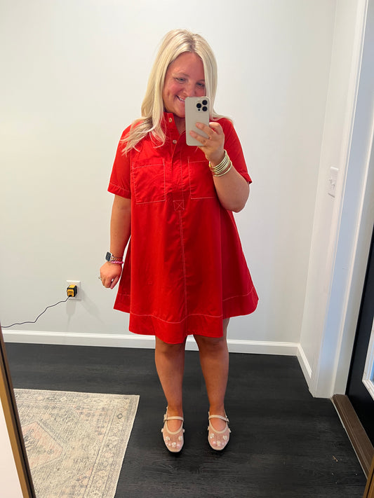 Elevated Button-Collar Mini Dress in Red