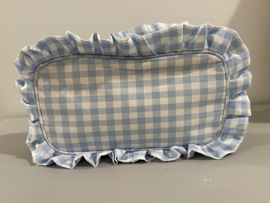 Gingham Ruffle Pouch Cosmetic Bag - Blue, Medium