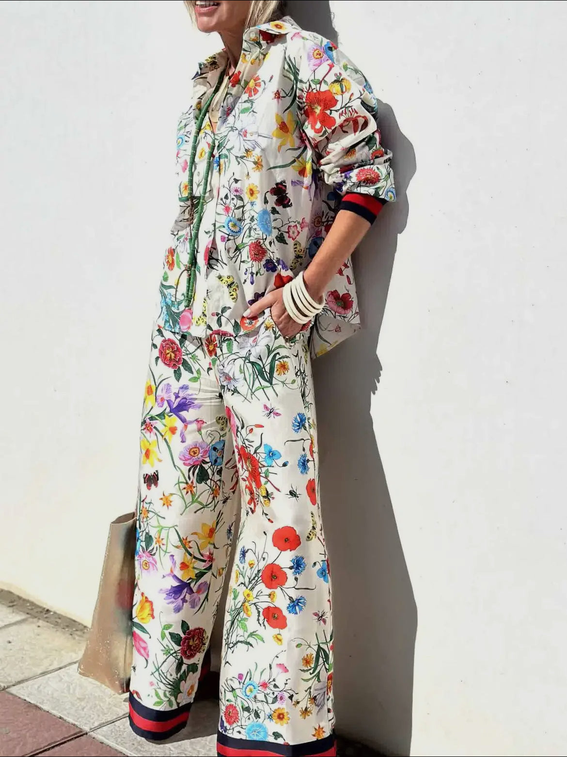 Floral Printed Set with Stripe Hem Detail