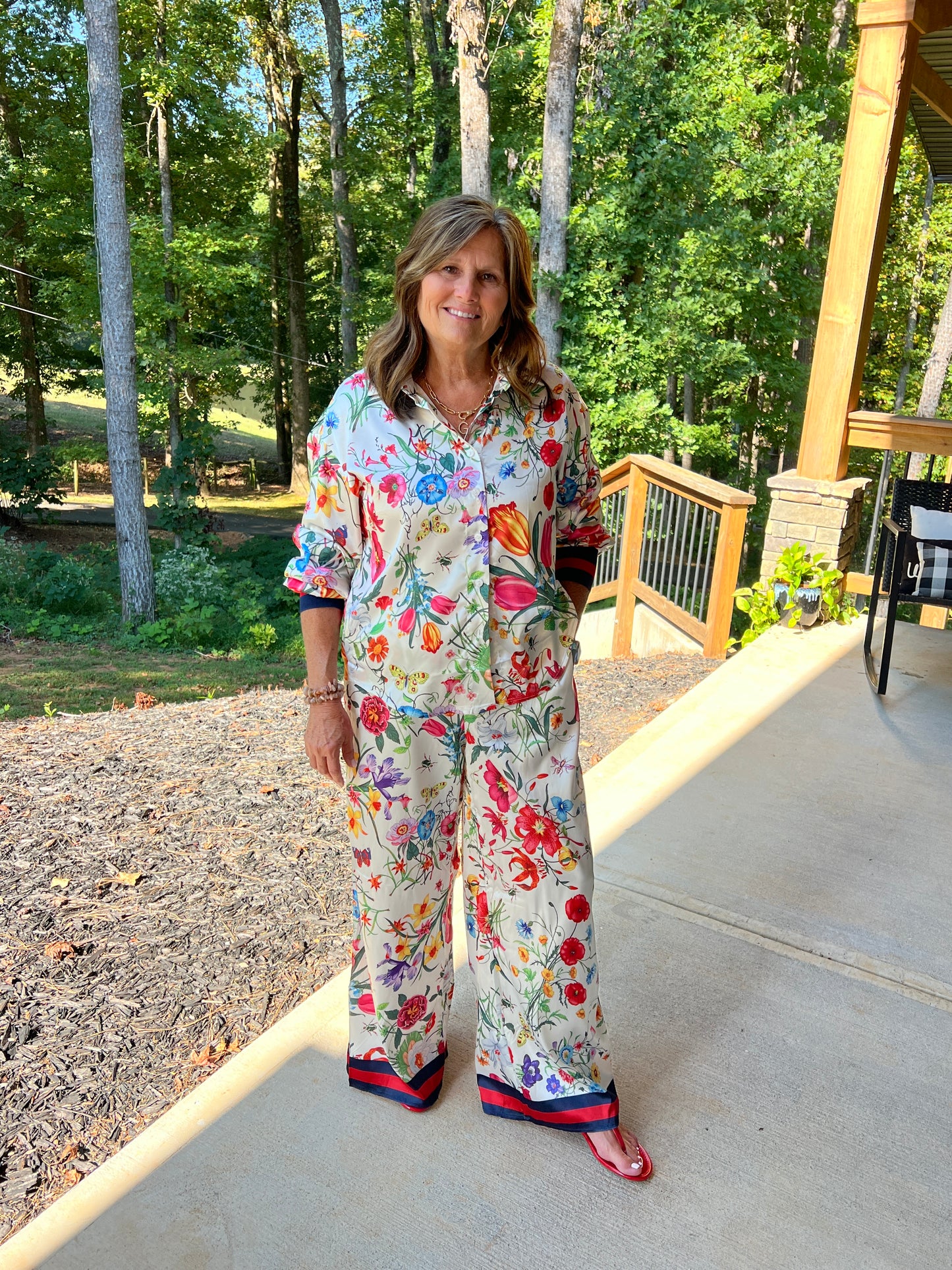 Floral Printed Set with Stripe Hem Detail