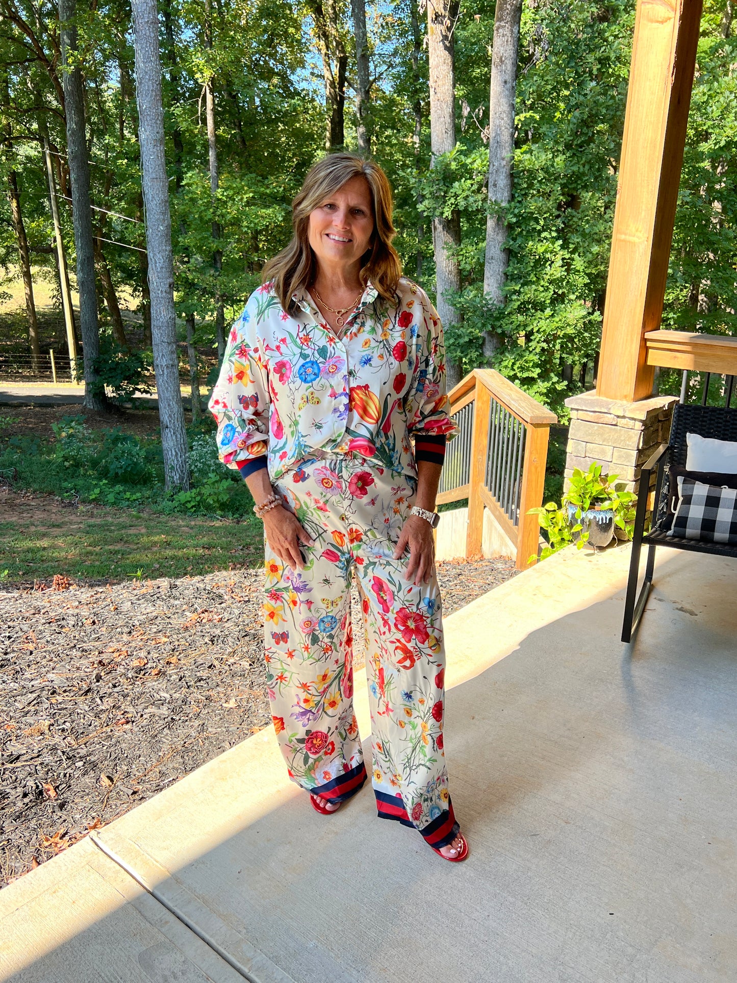 Floral Printed Set with Stripe Hem Detail