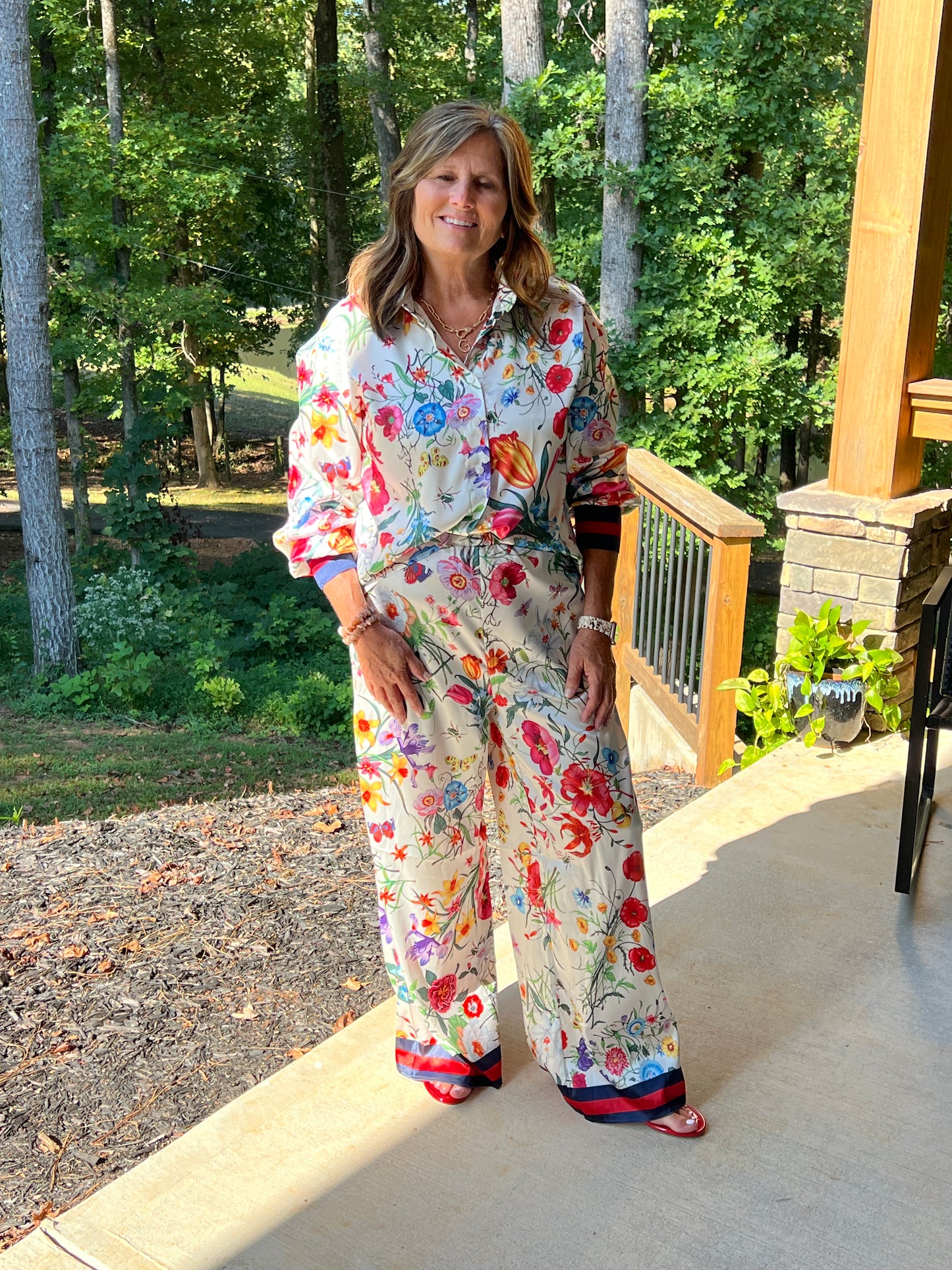 Floral Printed Set with Stripe Hem Detail
