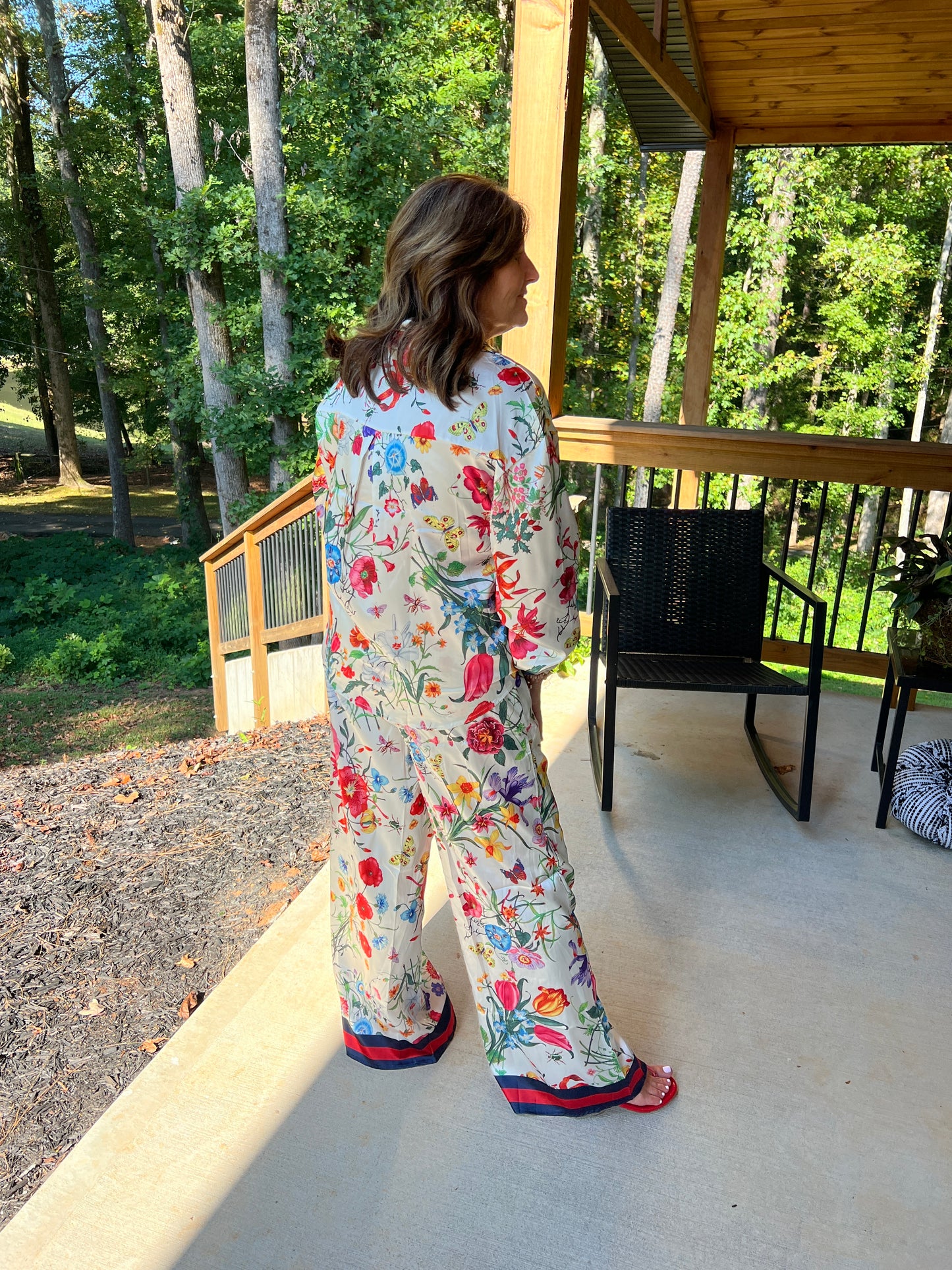 Floral Printed Set with Stripe Hem Detail