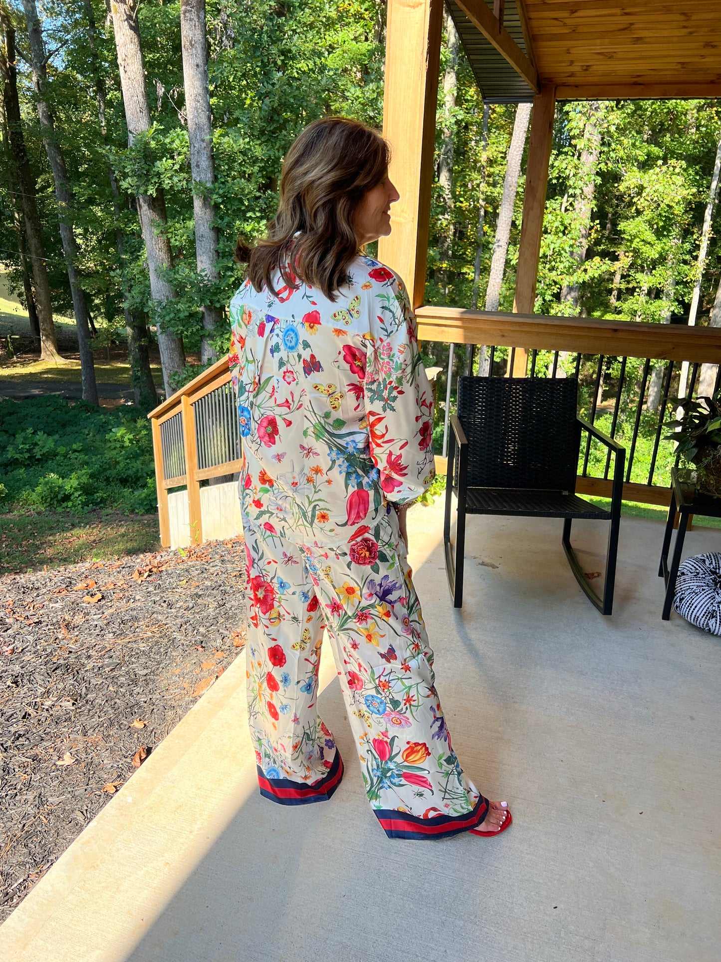 Floral Printed Set with Stripe Hem Detail