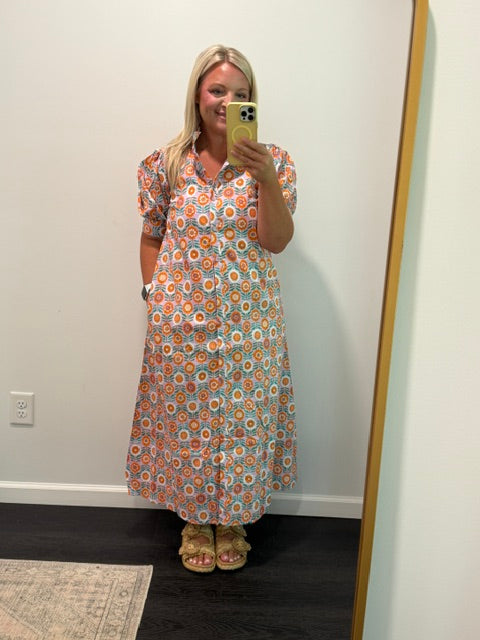 Floral Ruffle Neck Button Shirt Maxi Dress by Karlie