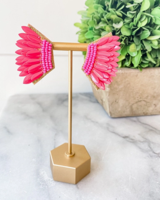 Bright Pink Beaded Sequin Wing Earring
