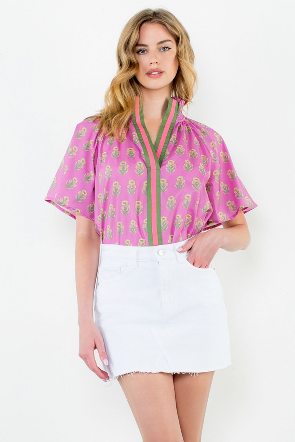 Pink Floral Print Top with Stripe Detail