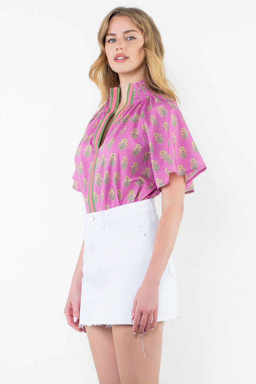 Pink Floral Print Top with Stripe Detail