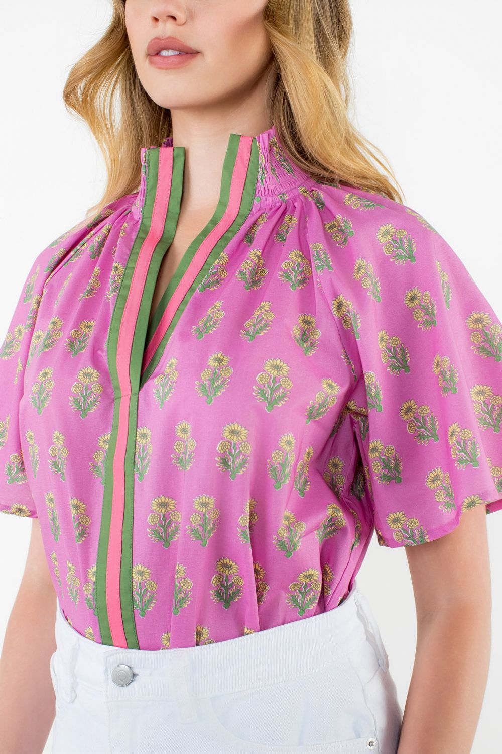 Pink Floral Print Top with Stripe Detail