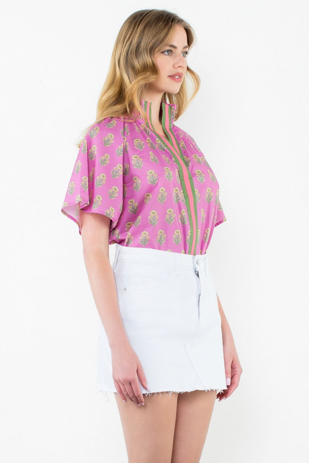 Pink Floral Print Top with Stripe Detail