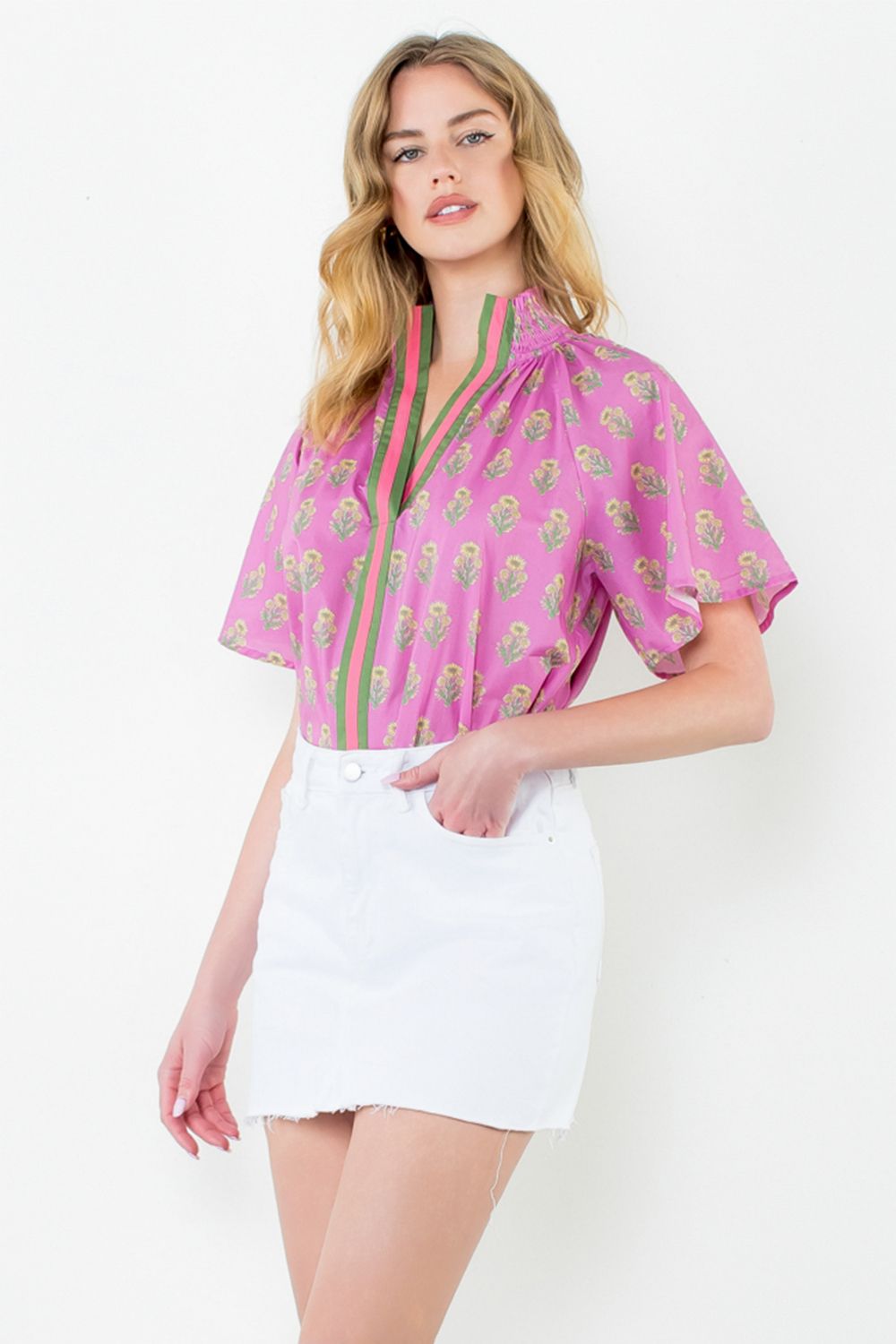 Pink Floral Print Top with Stripe Detail