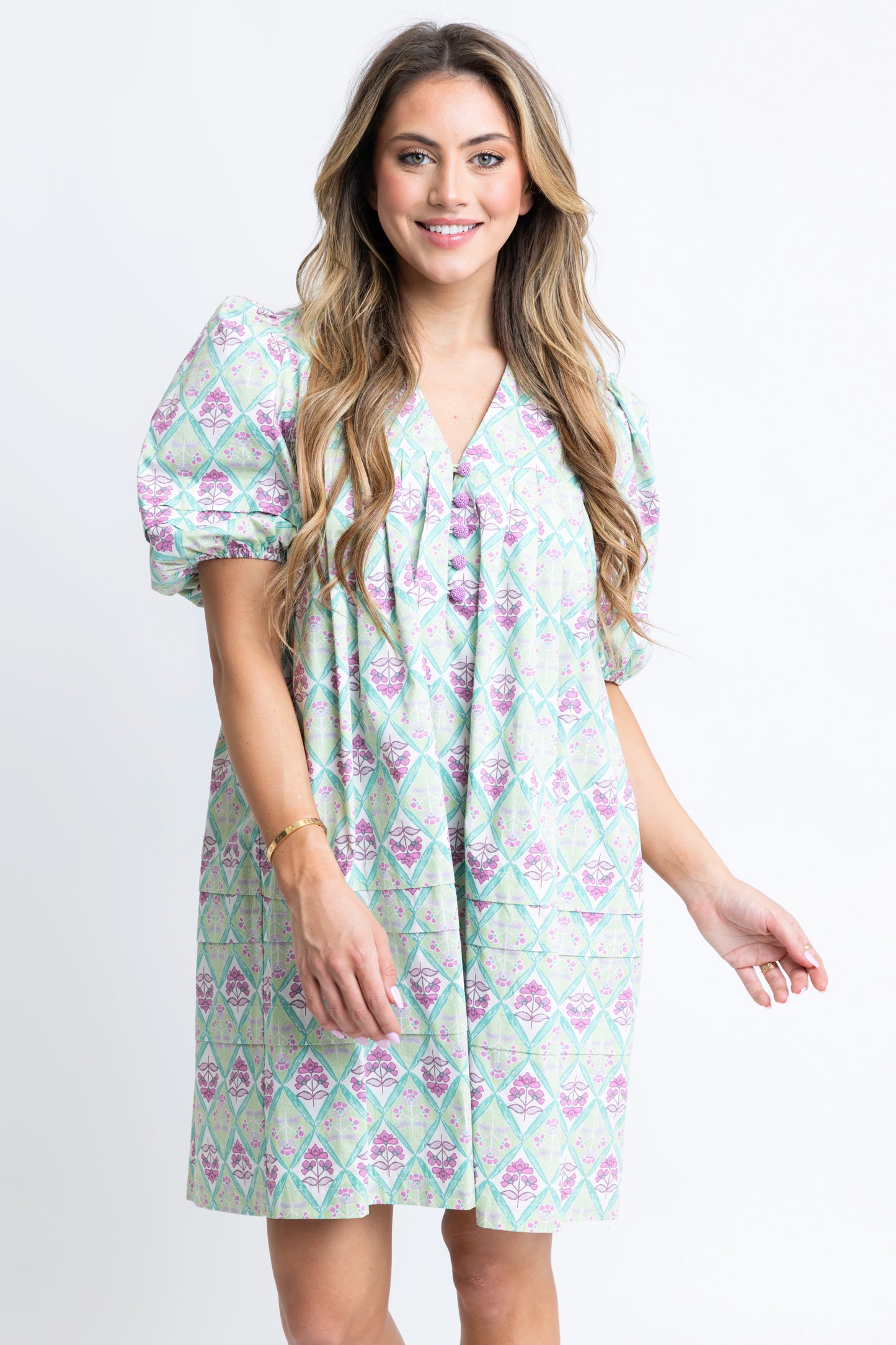 Paris Floral VNeck Puff Sleeve Dress - Lime & Lavender by Karlie