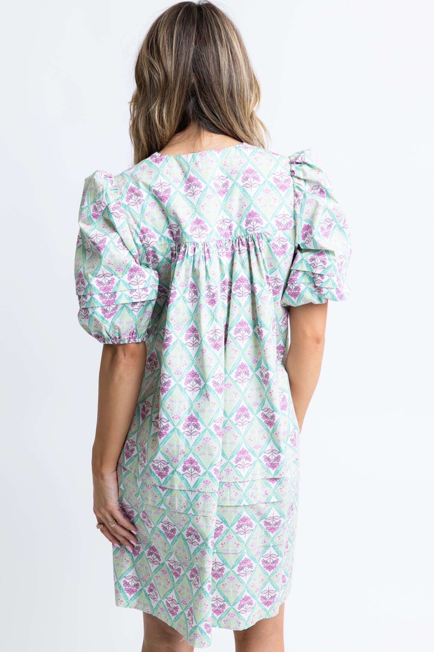 Paris Floral VNeck Puff Sleeve Dress - Lime & Lavender by Karlie