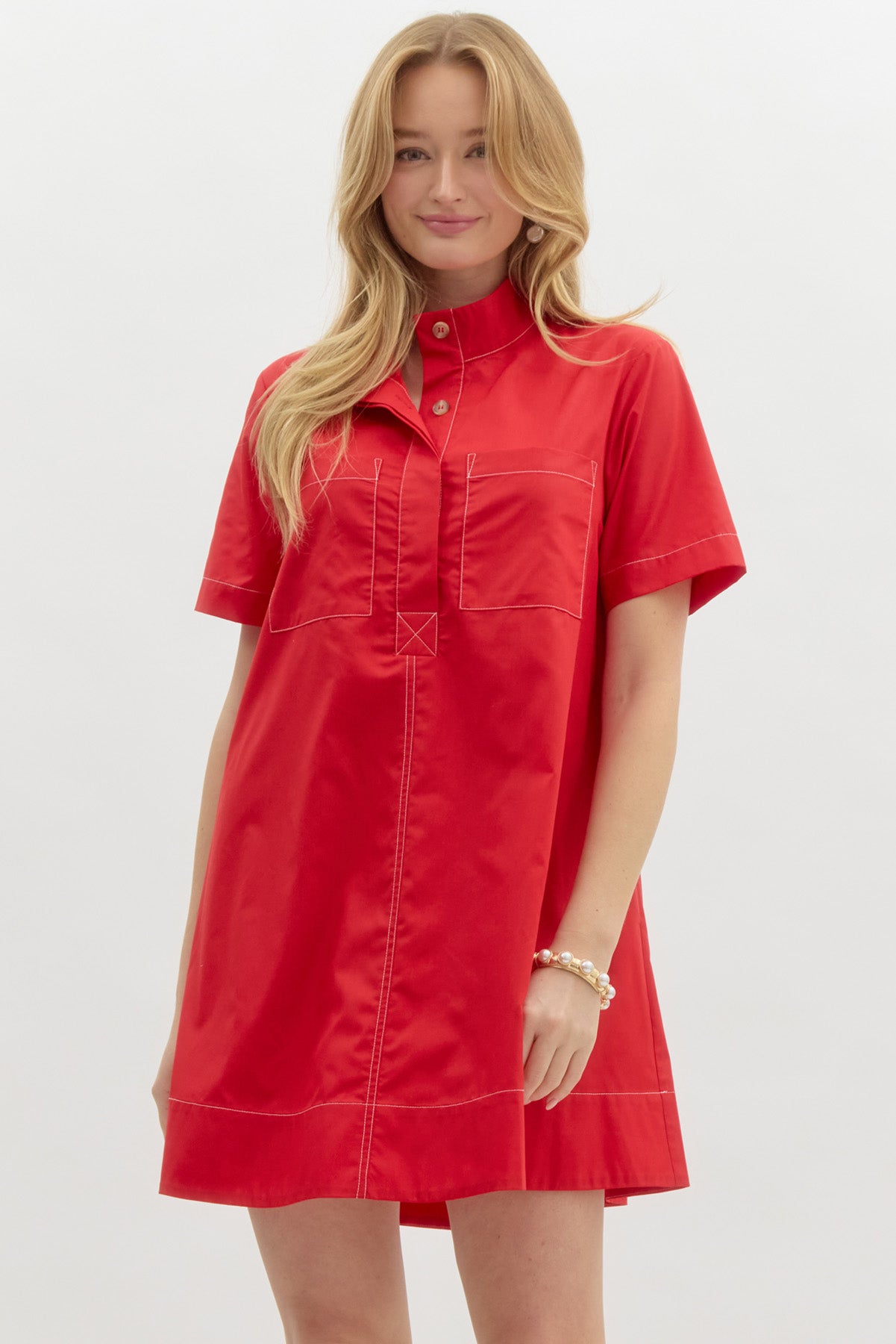 Elevated Button-Collar Mini Dress in Red